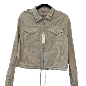 Blank NYC women’s beige cotton trucker military jacket zipper front drawstring S